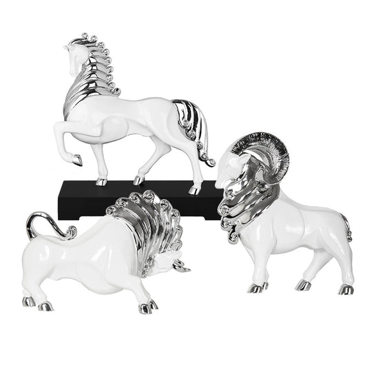 Zodiac Animal Figurine Set – Silver Resin Horse, Ram, and Bull Decorative Sculptures for Home, Entryway, or Office Décor