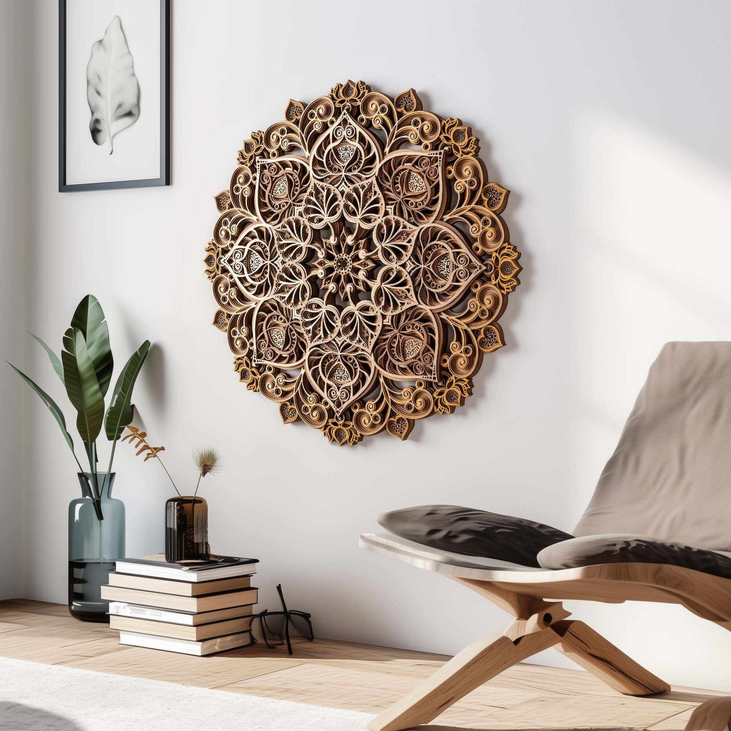 Large 3D Wooden Mandala Wall Art – Handcrafted Bodhi Flower Round Panel, Modern Sofa Backdrop, Living Room, Dining, Bedroom Decor