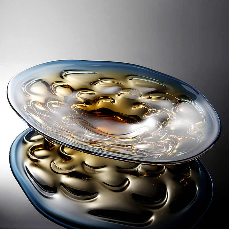 Luxury Gradient Art Glass Oval Fruit Bowl, Extra Large Modern Crescent Moon Design with Flowing Amber-Blue Glass, Premium Coffee Table Centerpiece