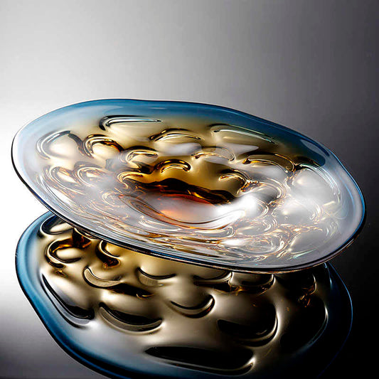 Luxury Gradient Art Glass Oval Fruit Bowl, Extra Large Modern Crescent Moon Design with Flowing Amber-Blue Glass, Premium Coffee Table Centerpiece