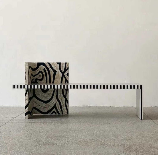 Artistic House Wabi-Sabi Designer Bench with Geometric Pattern Block, Mid-Century Modern Striped Seating for Bedroom & Entryway