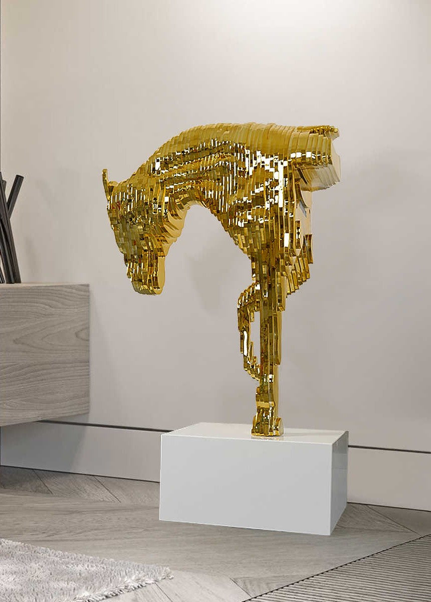 Modern Gold Pixel Horse Head Sculpture, Large Creative Art Decor for Hotel Lobby, Showroom & Entrance Display, Premium Designer Statement Piece