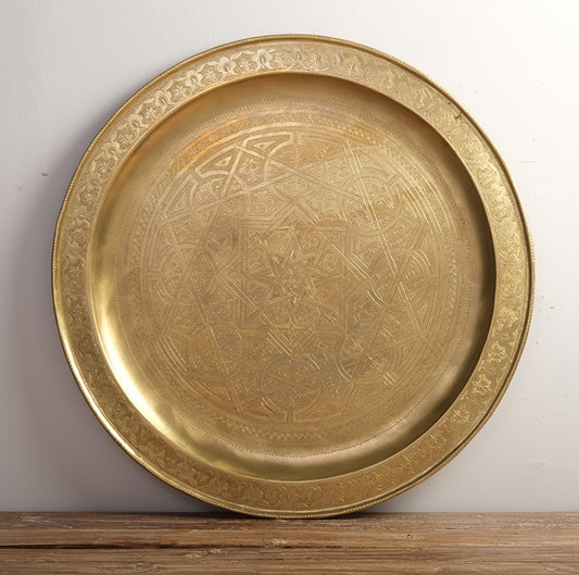 Moroccan Hand Carved Large Brass Tray, Decorative Serving Plate, Tea Table Accent for Living Room, Bedroom, Guesthouse Décor