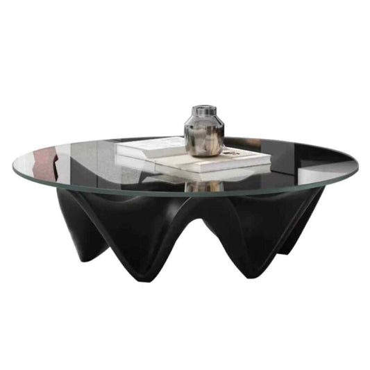 Modern Designer Hexagon Glass Coffee Table, Artistic Black Wave Base Centerpiece for Living Room, Hotel, Trendy Space, Tempered Clear Glass