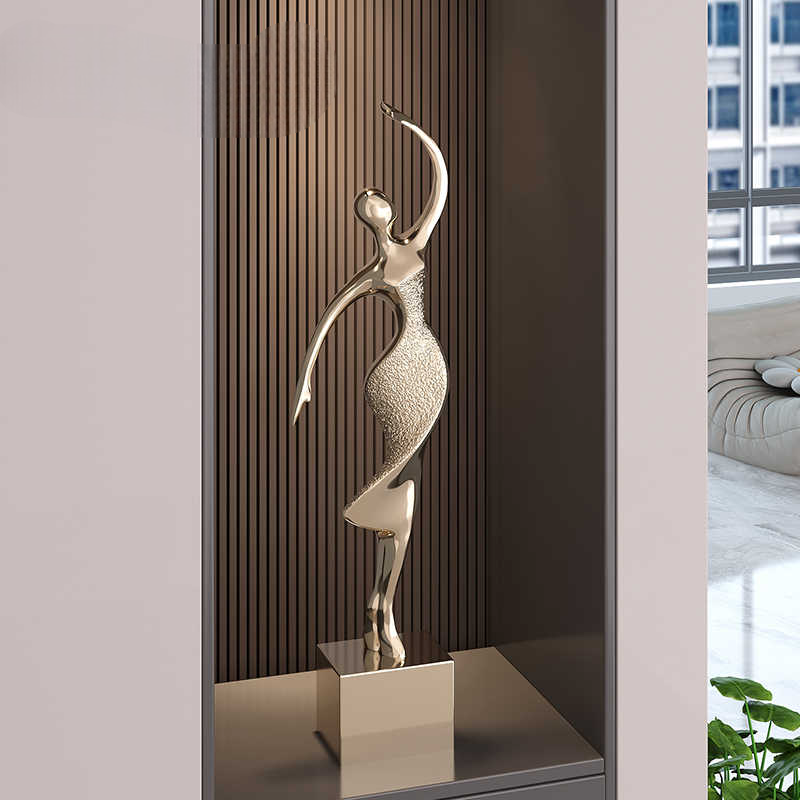 Luxury Abstract Gold Dancer Sculpture, Tall Modern Minimalist Entryway Decor, Electroplated Metallic Lady Art for Living Room Cabinet