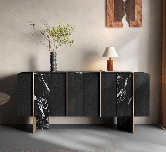 Modern Vintage Black Oak Sideboard Buffet – Luxury Black Marble Storage Cabinet for Living Room, Entryway, Villa