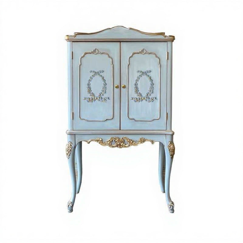 Antique Painted Solid Wood Sideboard Cabinet – Blue & Gold Ornate Carved Double-Door Storage High Cabinet