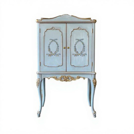 Antique Painted Solid Wood Sideboard Cabinet – Blue & Gold Ornate Carved Double-Door Storage High Cabinet