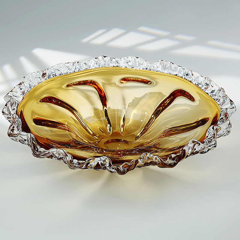 Luxury Gradient Amber Crystal Glass Fruit Bowl, Large Round Serving Dish with Scalloped Edges & Sunburst Design, Premium Home Decor