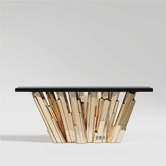 Designer Sculptural Console Table – Luxury Gold Brass Base with Black Top, Contemporary Geometric Art Entry Table for Modern Entryways