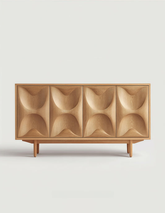 Retro Sculpted Wood Sideboard – Designer Solid Wood U-Relief Buffet Cabinet for Modern Dining & Entry