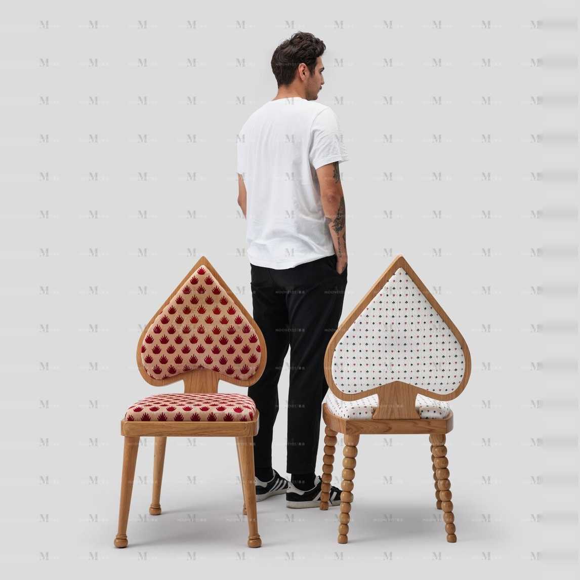 Heart-Shaped Vintage Dining Chair Set, Cream Style Solid Wood Frame with Polka Dot Upholstery, Designer Furniture for Restaurants & B&Bs