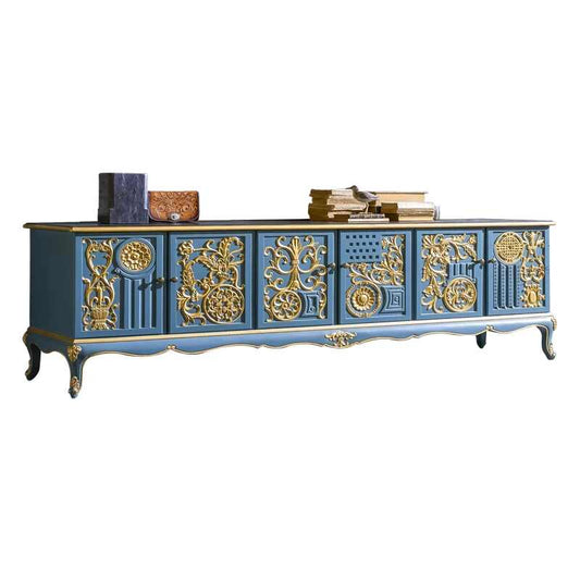 Solid Wood Carved Gold TV Cabinet, Luxury Vintage 6-Door Console Sideboard for Villa Living Room
