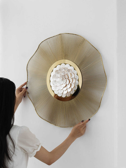 Luxury Shell Wall Decor, Gold Metal Floral Wall Art for Living Room, Bedroom, Entryway – 3D Capiz Shell Statement Hanging