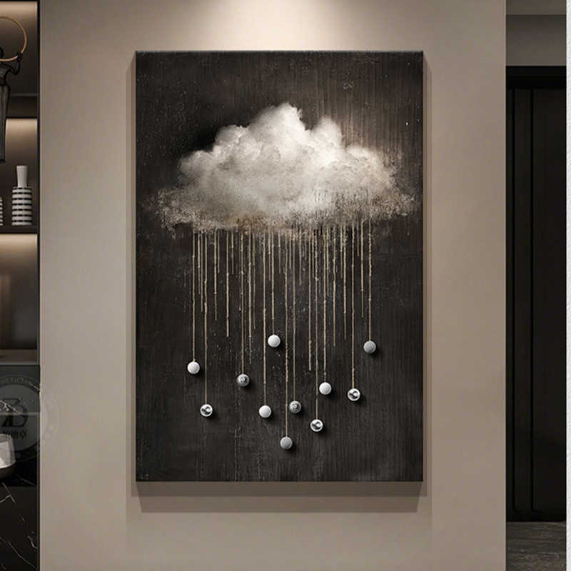 Luxury Black Abstract Cloud Wall Art – Modern Living Room Decorative Painting, Textured Entrance Hallway Sofa Backdrop Matte Micro-Spray, Aluminum Frame