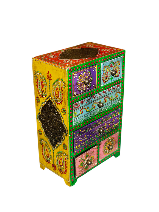 Hand-Painted Wood Jewelry Box with 6 Drawers, Multicolor