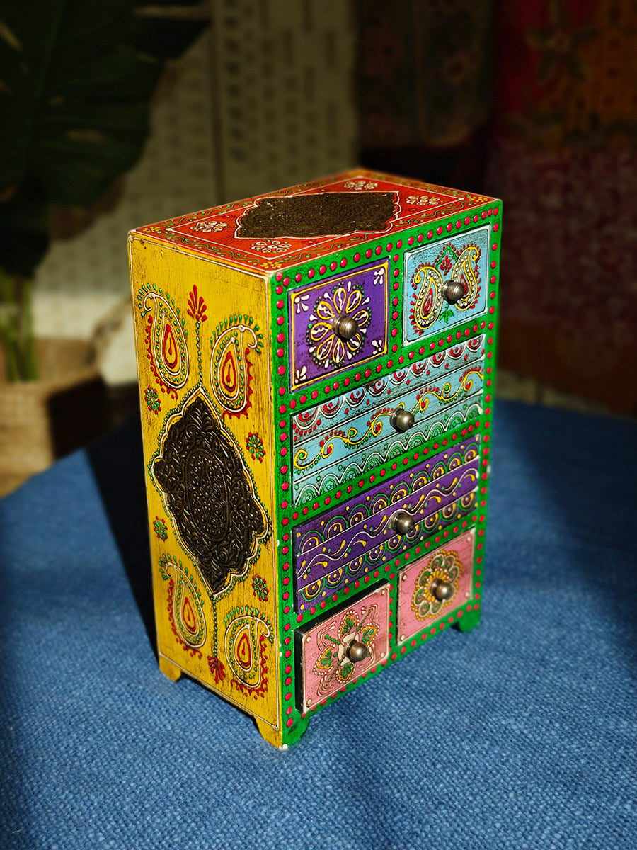 Hand-Painted Wood Jewelry Box with 6 Drawers, Multicolor