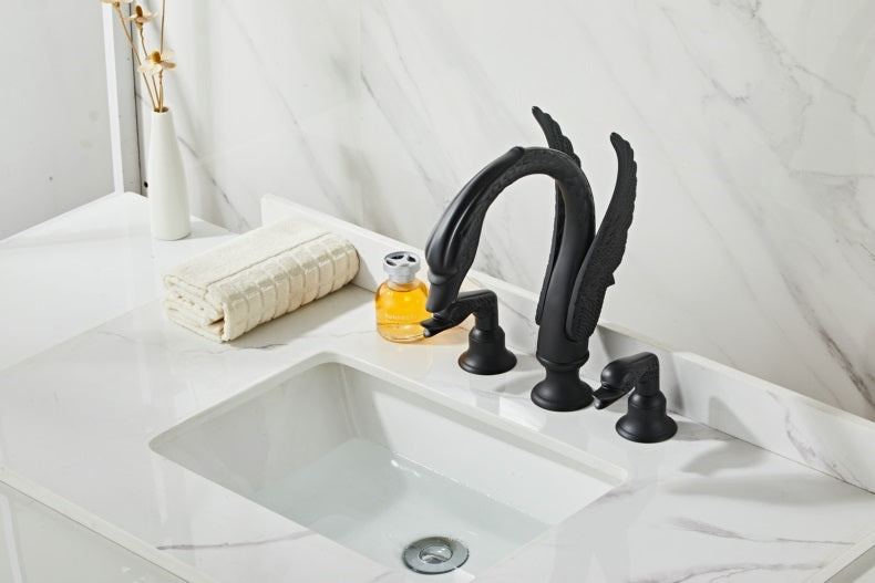 Black Luxury Swan Basin Faucet, Three-Hole Crystal Handle Bathroom Sink Mixer Tap, Designer Gold/Black Swan Lavatory Faucet