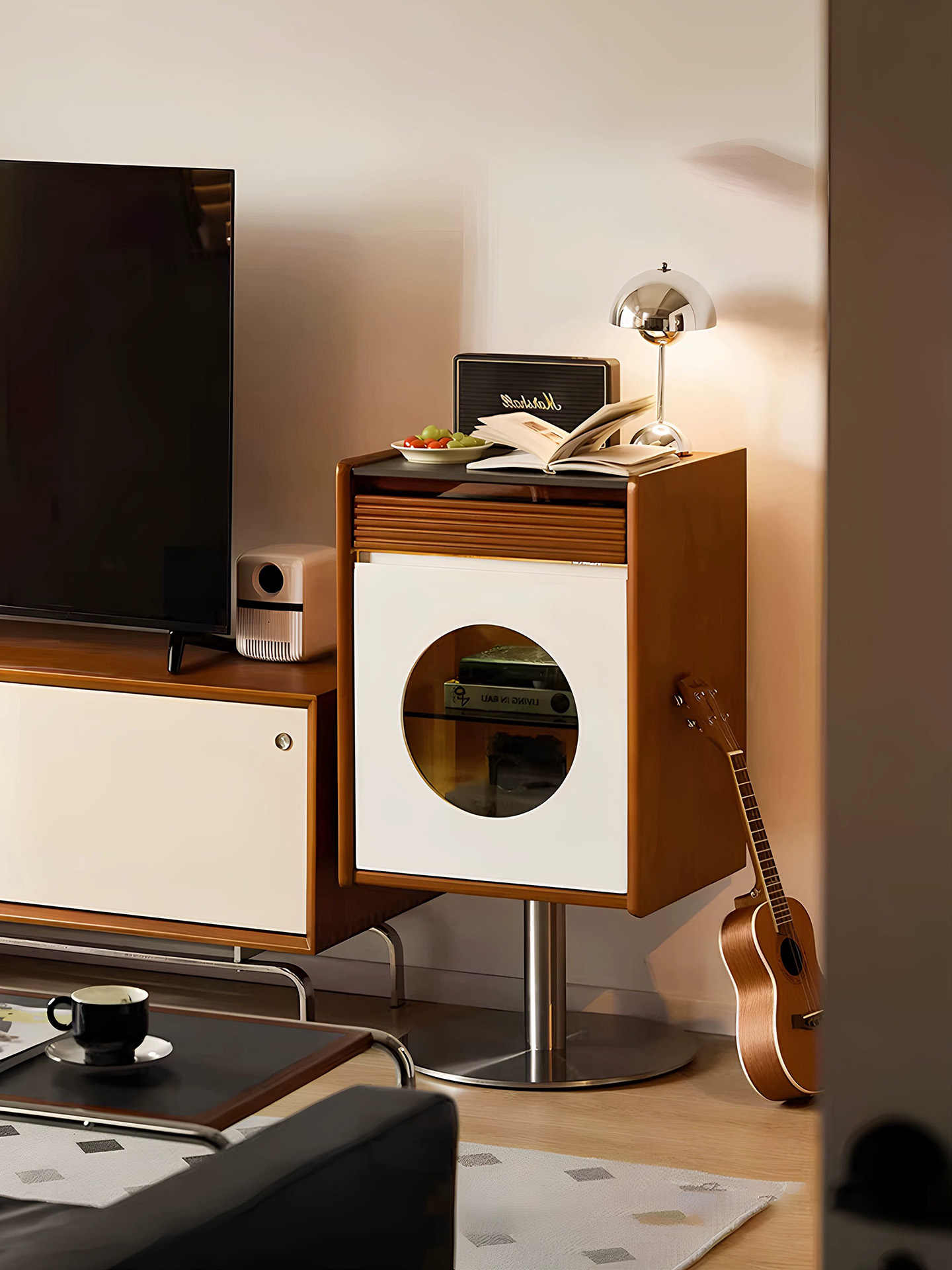 Retro Solid Wood Side Cabinet – Mobile Sofa Storage Chest, Stainless Steel Accent Bedside End Table