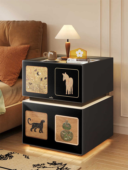 Smart Nightstand with Wireless Charging & LED Touch Lamp, Vintage Animal Print Bedside Cabinet, Modern Luxury Bedroom Furniture with Motion Sensor Light