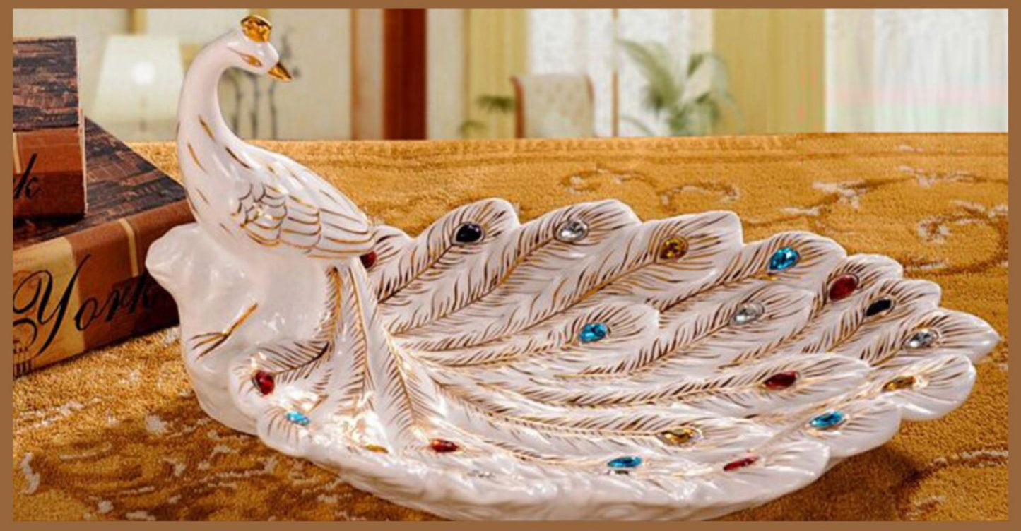 European Style Peacock Fruit Tray Set – Modern Ceramic Living Room Coffee Table Centerpiece, Creative Home Decor Decorative Plate