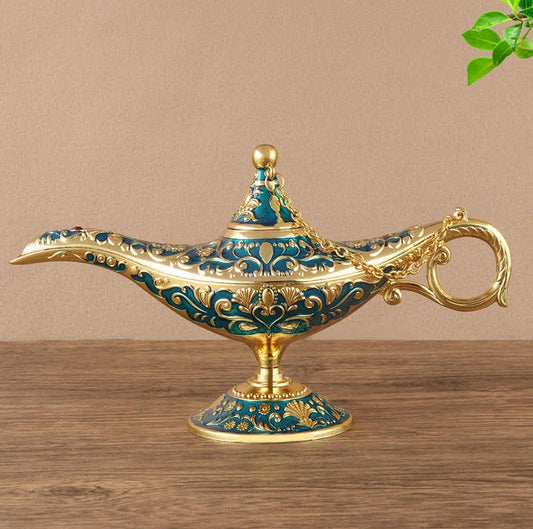 Aladdin Gold XXL Wish Lamp, Luxury Art Deco Genie Lamp, Ornate Home Bar, Living Room, Ins-style, Study Cabinet Blessing Decor