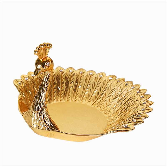 Luxury Golden Peacock Fruit Bowl – Decorative Zinc Alloy Tray for Living Room, Coffee Table, Snacks, Candy, Nut Serving, Wedding Gift