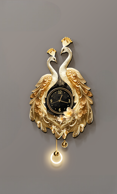 Elegant Dual Peacock 3D Wall Clock with LED Light, Luxury Resin Decorative Art for Living Room, Remote-Control Modern Wall Decor