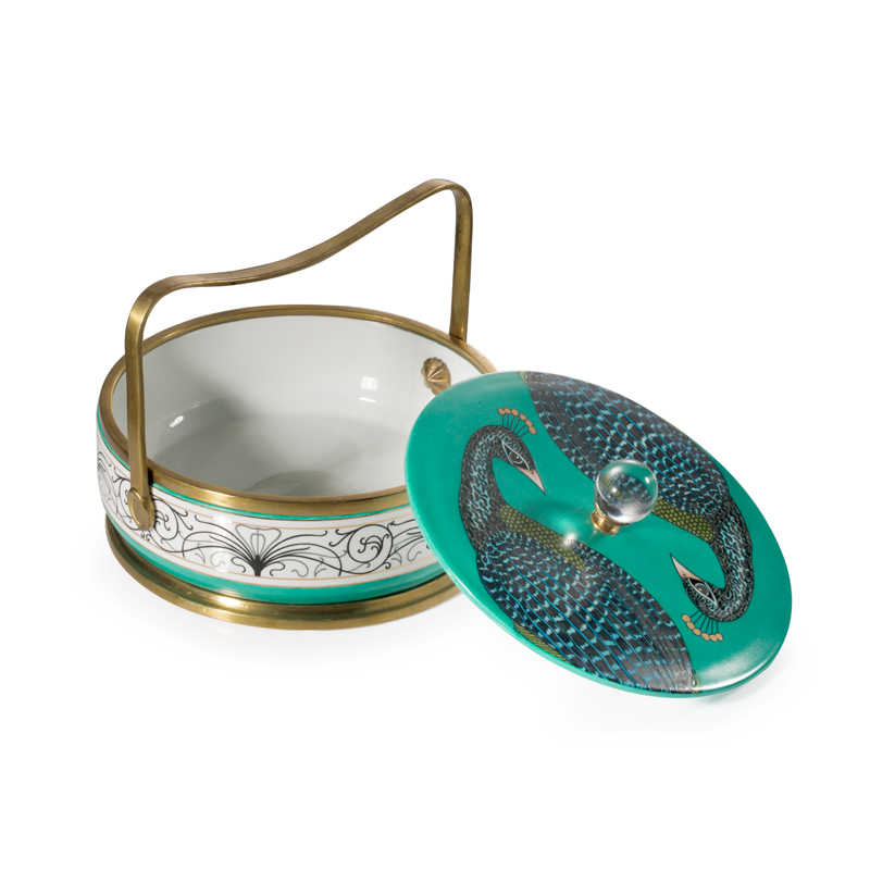 Peacock Porcelain Storage Box with Brass Handle – Decorative Lidded Trinket Organizer for Tabletop and Home Accents