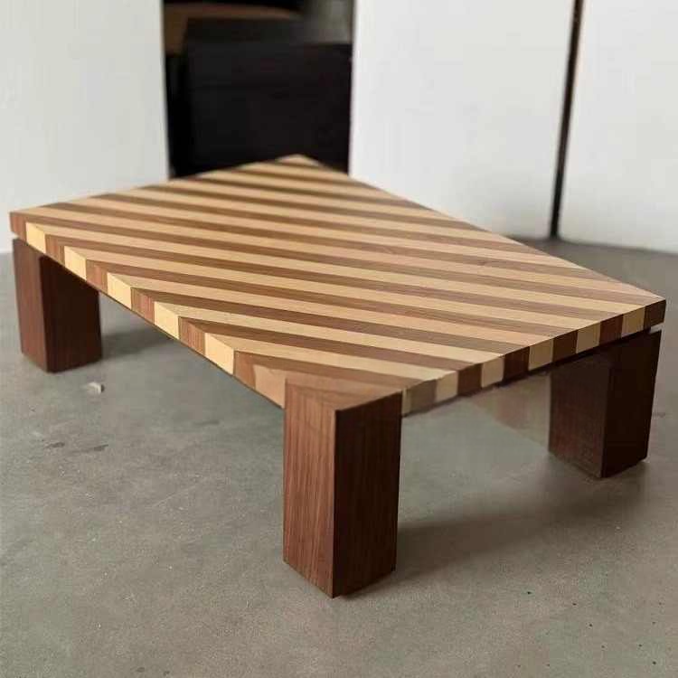 Mid-Century Modern Striped Solid Wood Coffee Table – Artistic Retro Style Table for Living Room