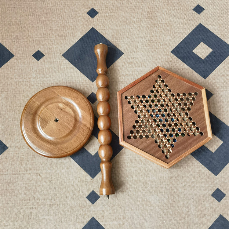 Walnut Wood Checkers Side Table with Storage Drawer, Nordic Style Hexagonal Game Table with Turned Pedestal Base