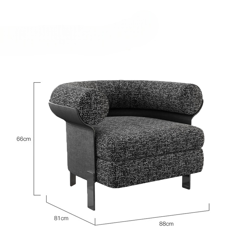 Modern Deep Gray Lounge Chair, Boucle Cotton and Napa Leather Single Sofa, Designer Minimalist Lazy Armchair for Living Room, Hotel Reception, or Bedroom