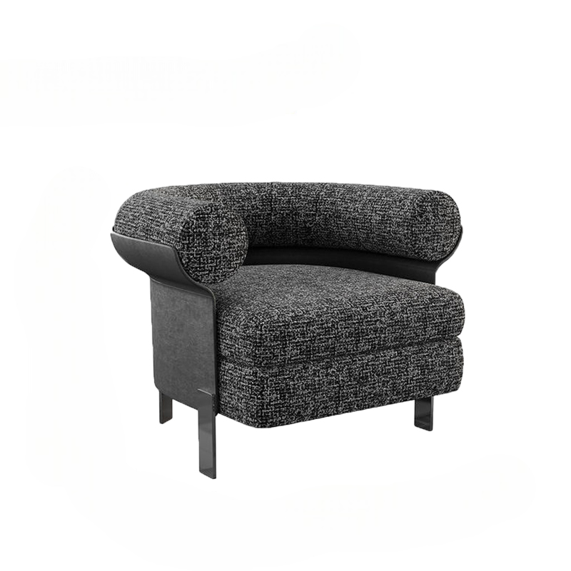 Modern Deep Gray Lounge Chair, Boucle Cotton and Napa Leather Single Sofa, Designer Minimalist Lazy Armchair for Living Room, Hotel Reception, or Bedroom