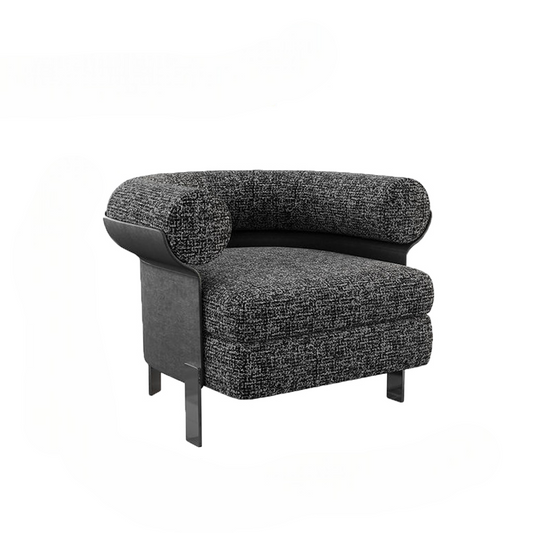 Modern Deep Gray Lounge Chair, Boucle Cotton and Napa Leather Single Sofa, Designer Minimalist Lazy Armchair for Living Room, Hotel Reception, or Bedroom