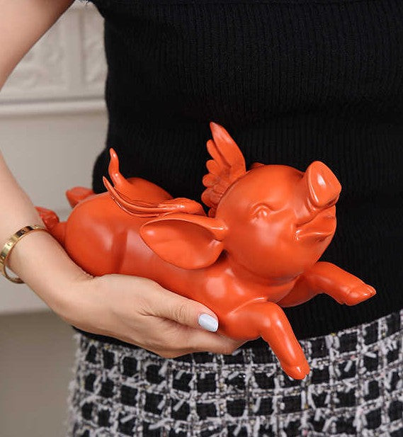Orange Flying Pig Sculpture, Lucky Resin Winged Pig Figurine for Home Decor, Modern Table Ornament for Prosperity & Good Fortune