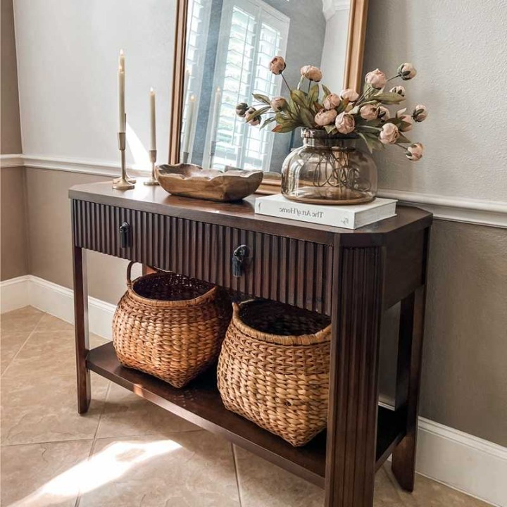 Rustic Country Solid Wood Narrow Entryway Console Table – Vintage Hallway Foyer Cabinet with Drawer and Shelf, Dark Brown