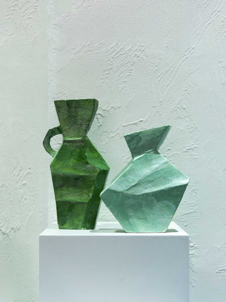 Dark Green Ceramic Vase with Handle, Modern Textured Flower Vessel