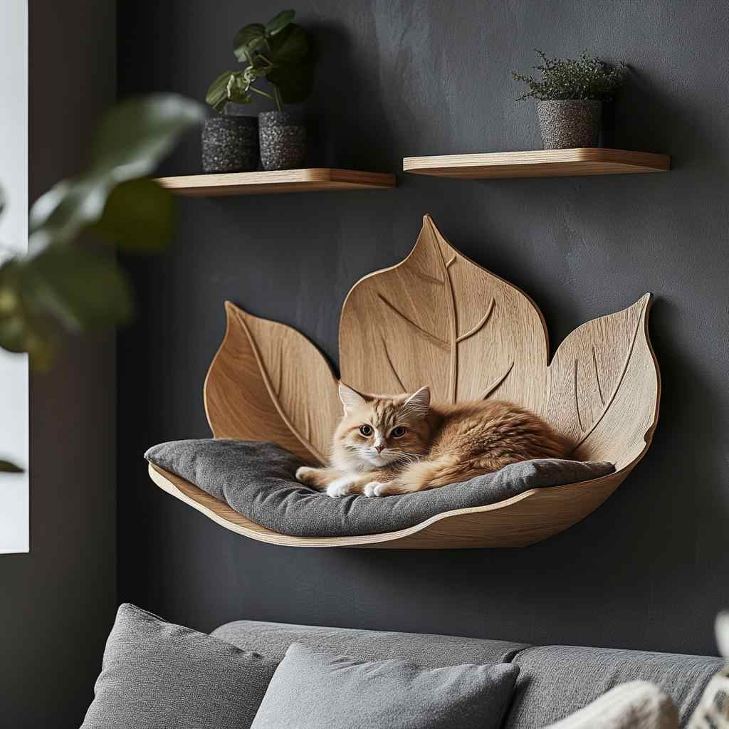 Autumn Leaf Wall-Mounted Cat House, Premium Wooden Leaf-Shaped Wall Cat Bed with Cushion, Eco-Friendly Designer Pet Furniture