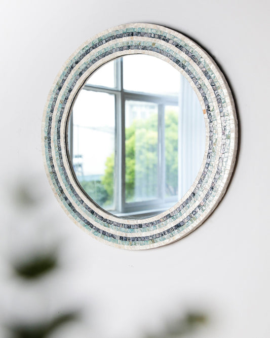 Vintage Mosaic Bathroom Mirror, Round Vanity Wall Mirror for Bedroom or Entry – Blue Shell Inlay Frame