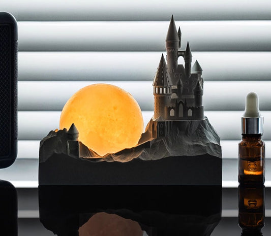 Rechargeable Moon Castle Night Light with Diffuser, 3D Atmosphere LED Lamp for Bedroom, Creative Table Decor and Gift with Essential Oil