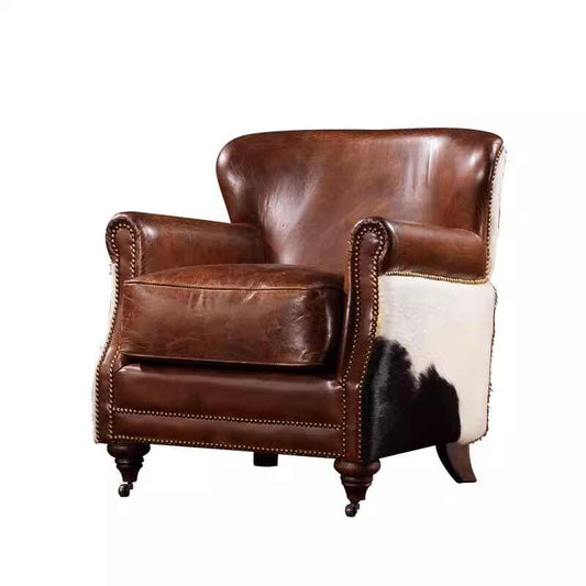 Vintage "Tiger Chair" Club Armchair – Premium Italian Leather & Cowhide Upholstery with Brass Nailhead Trim, Export Quality Cigar Lounge Seating