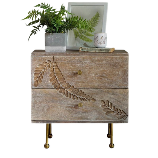Carved Leaf Wood Nightstand with 2 Drawers
