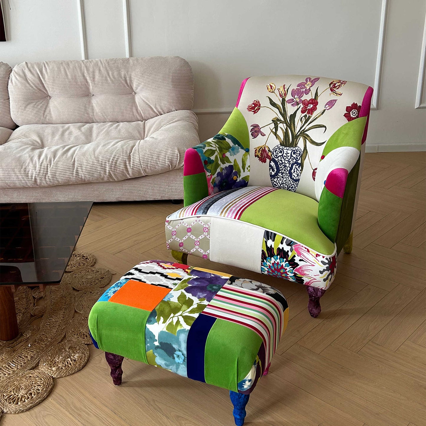 European Country Patchwork Accent Chair – Colorful Mixed Fabric Armchair with Solid Wood Legs, Bohemian Reading Chair with Footstool