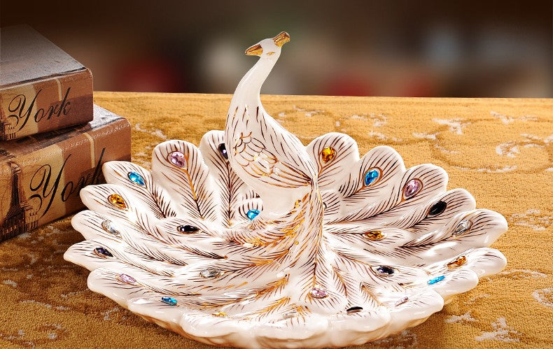 European Style Peacock Fruit Tray Set – Modern Ceramic Living Room Coffee Table Centerpiece, Creative Home Decor Decorative Plate
