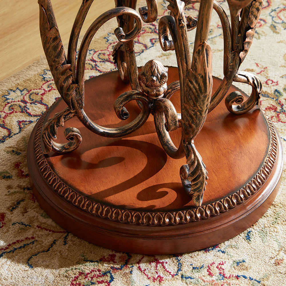 Vintage Caramel Brown Round Clock Side Table – European Wrought Iron Scrollwork Coffee Table, American-Style Wood End Table with Glass Clock Top
