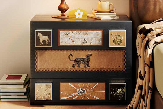 Vintage Solid Wood Nightstand with Artistic Animal Panels, Luxury Bedside Cabinet with Multiple Drawers, Mid-Century Style Carmen Collection Bedroom Furniture