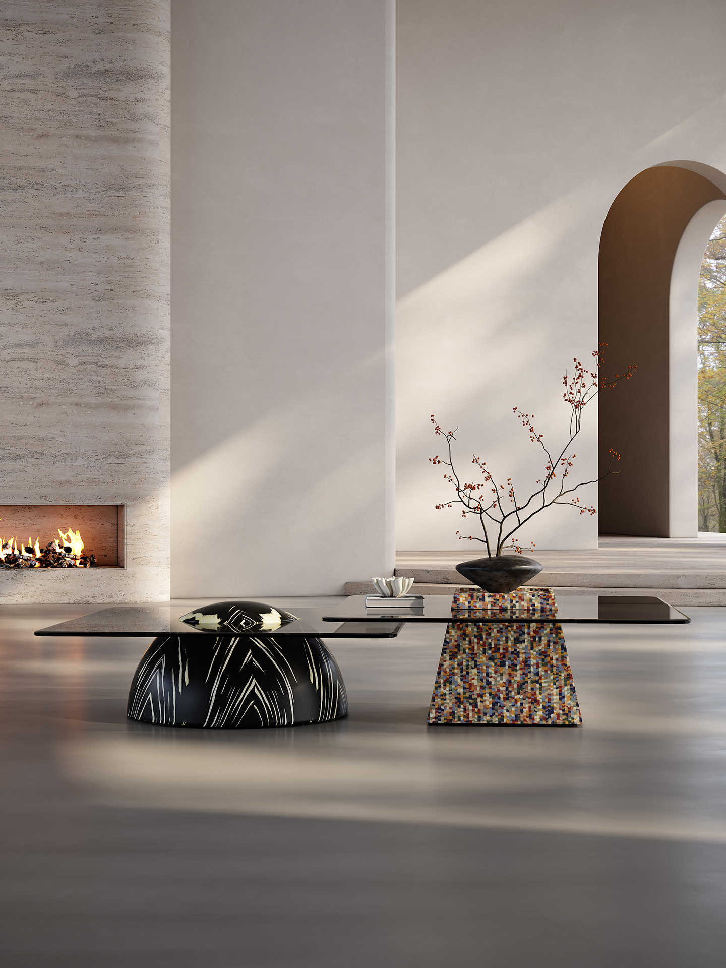 Italian Minimalist Glass Coffee Table Set, Modern Art Designer Sculptural Base Tables for Luxury Living Room