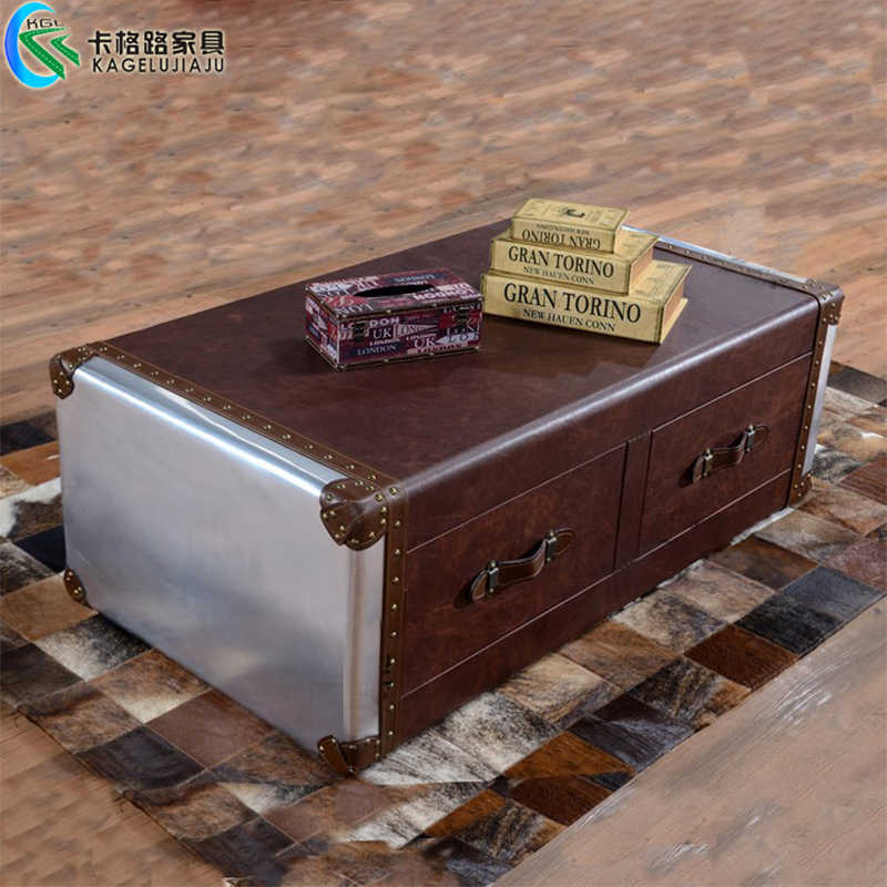 Industrial Vintage Trunk Coffee Table with Aluminum & Leather Finish, Cigar Bar Style Storage Table with Drawers, Mid-Century Modern
