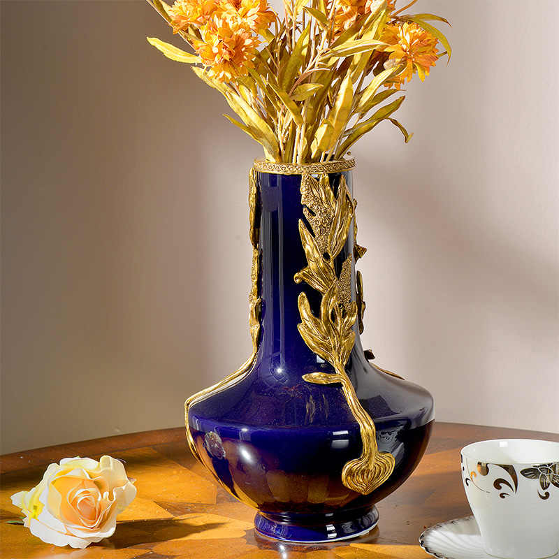 Royal Blue Porcelain and Brass Table Vase – Luxury Creative Decorative Flower Vase for Centerpiece, Living Room, Office, and Modern Home