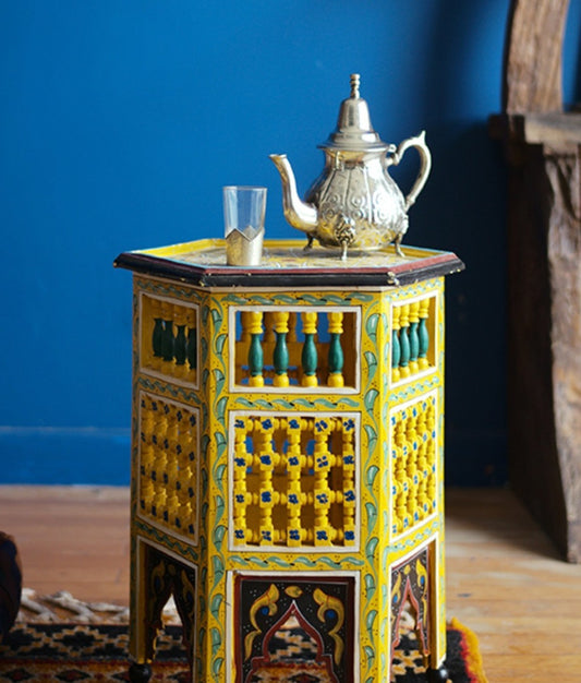 Hand-Painted Hexagonal Coffee Table, Bohemian Side Table for Living Room, Artisan Table
